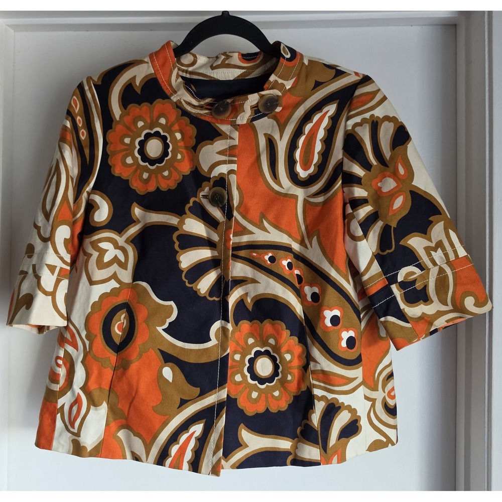 J.Crew Women Jacket Short Sleeve Paisley Orange Brown Collared Retro Blazer